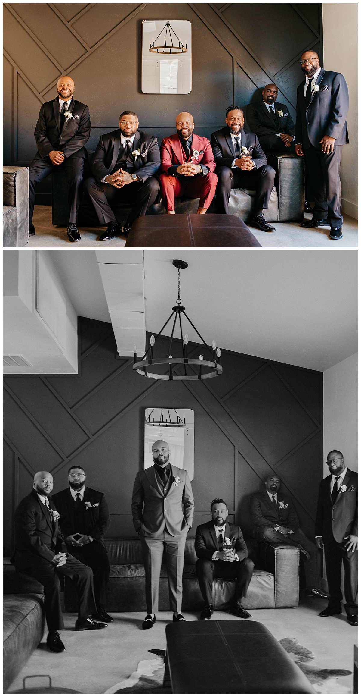 groomsmen sit together around groom by Texas Wedding Photographer