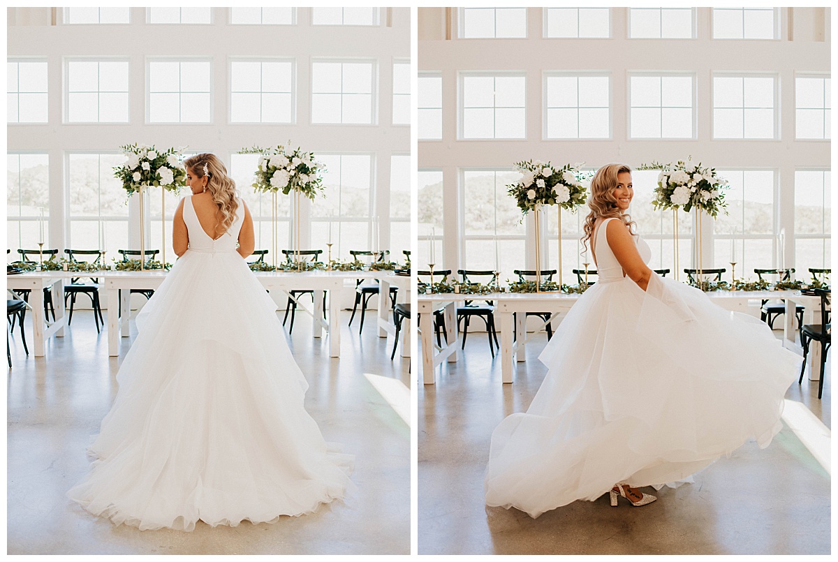 bride twirls dress in reception venue during Posey Meadows ceremony