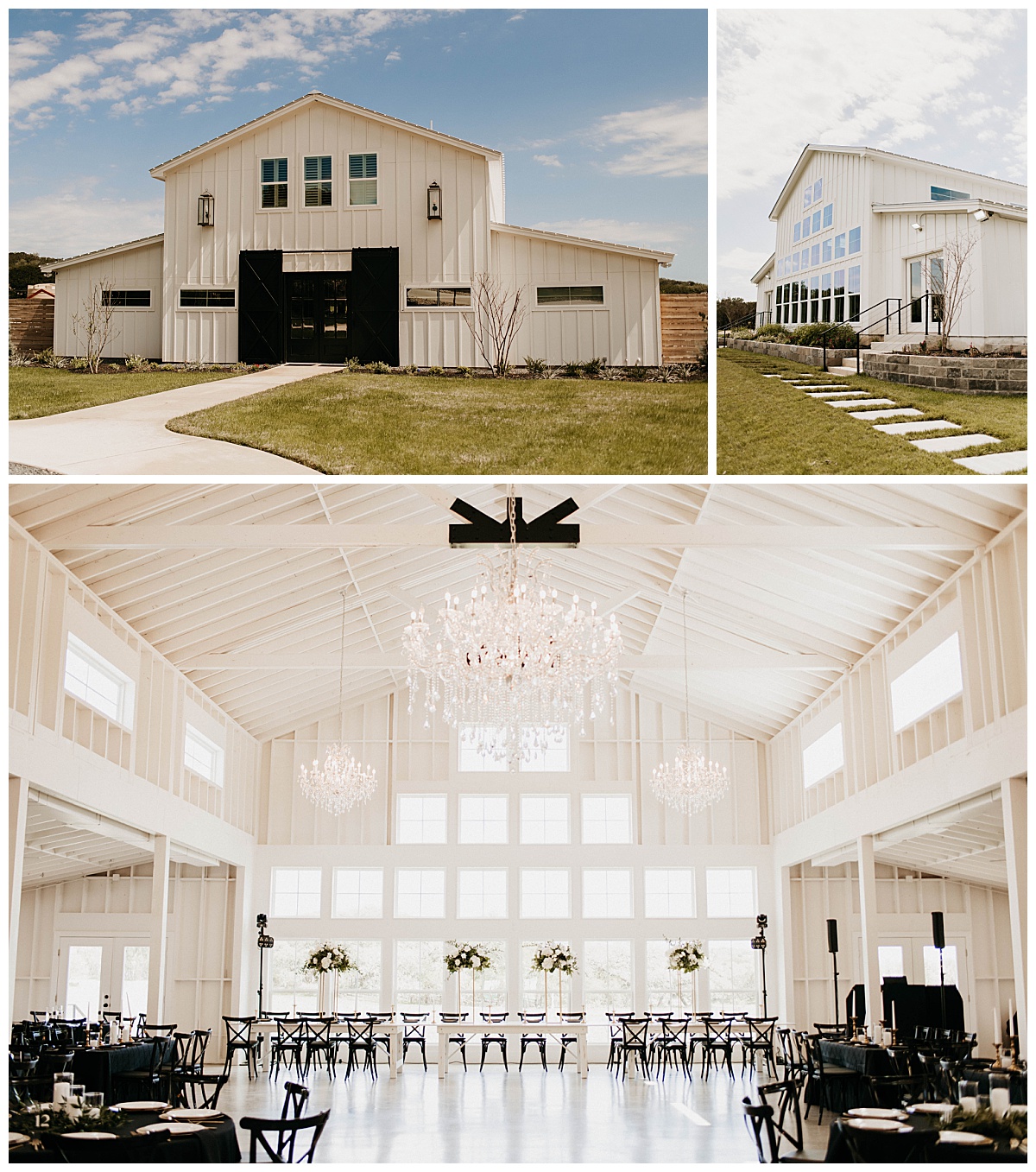 large white building with black barn doors boasts white interior by Stephanie J Zamora Photography