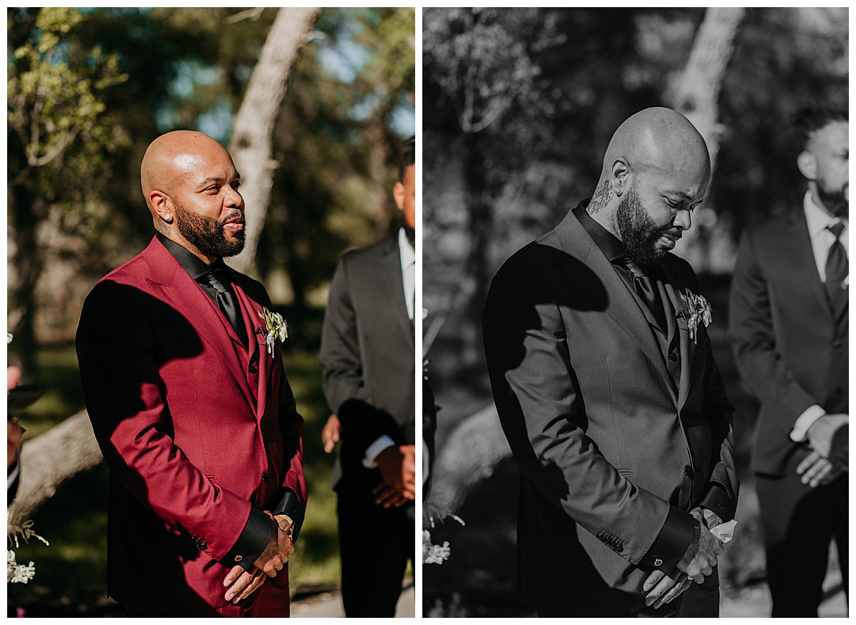 groom watches bride walk down aisle to him by Texas Wedding Photographer