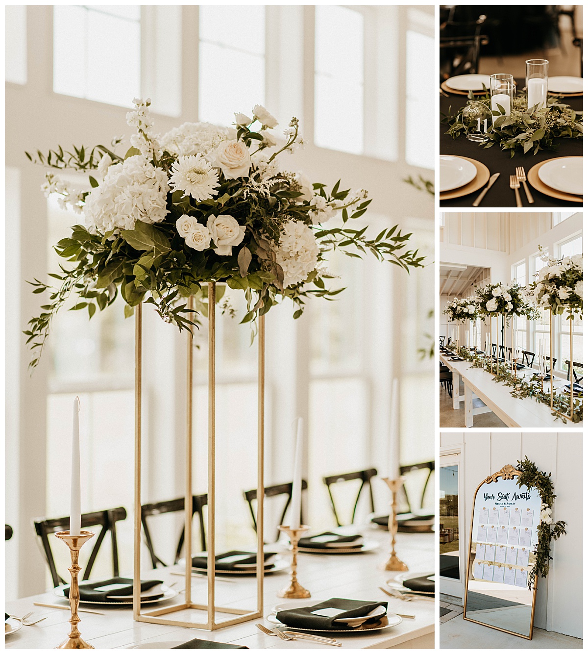 reception tables decorated with tall florals and gold accents by Stephanie J Zamora Photography