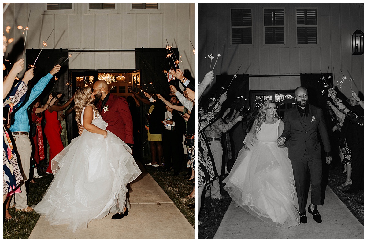 couple makes grand exit to guests holding sparklers by Stephanie J Zamora Photography