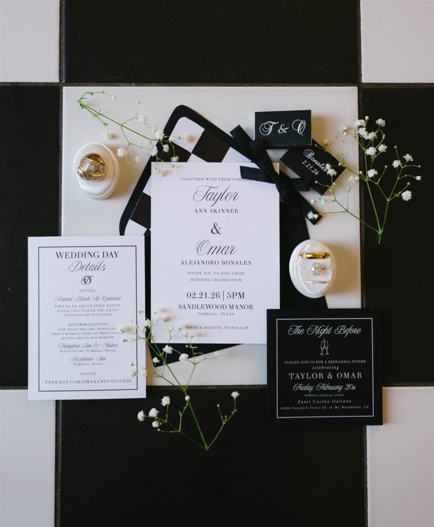 Invitation suite for luxury black & white wedding at Sandlewood Manor in Houston, Texas