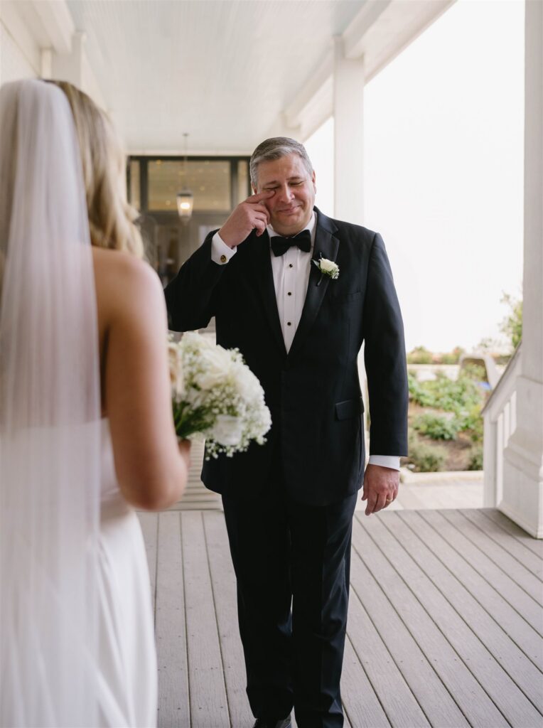 emotional first look with bride & father of the bride at Sandlewood Manor wedding